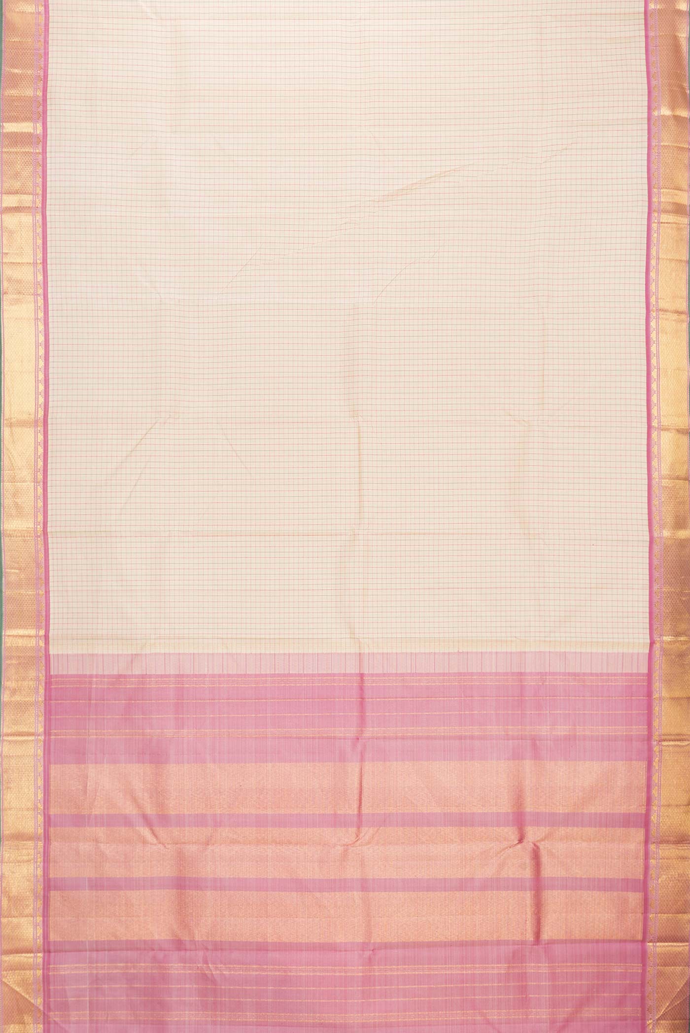 Flat view of Beige Dual Tone Kanchipuram Silk Saree with Checked design on the body and Zari Border. 