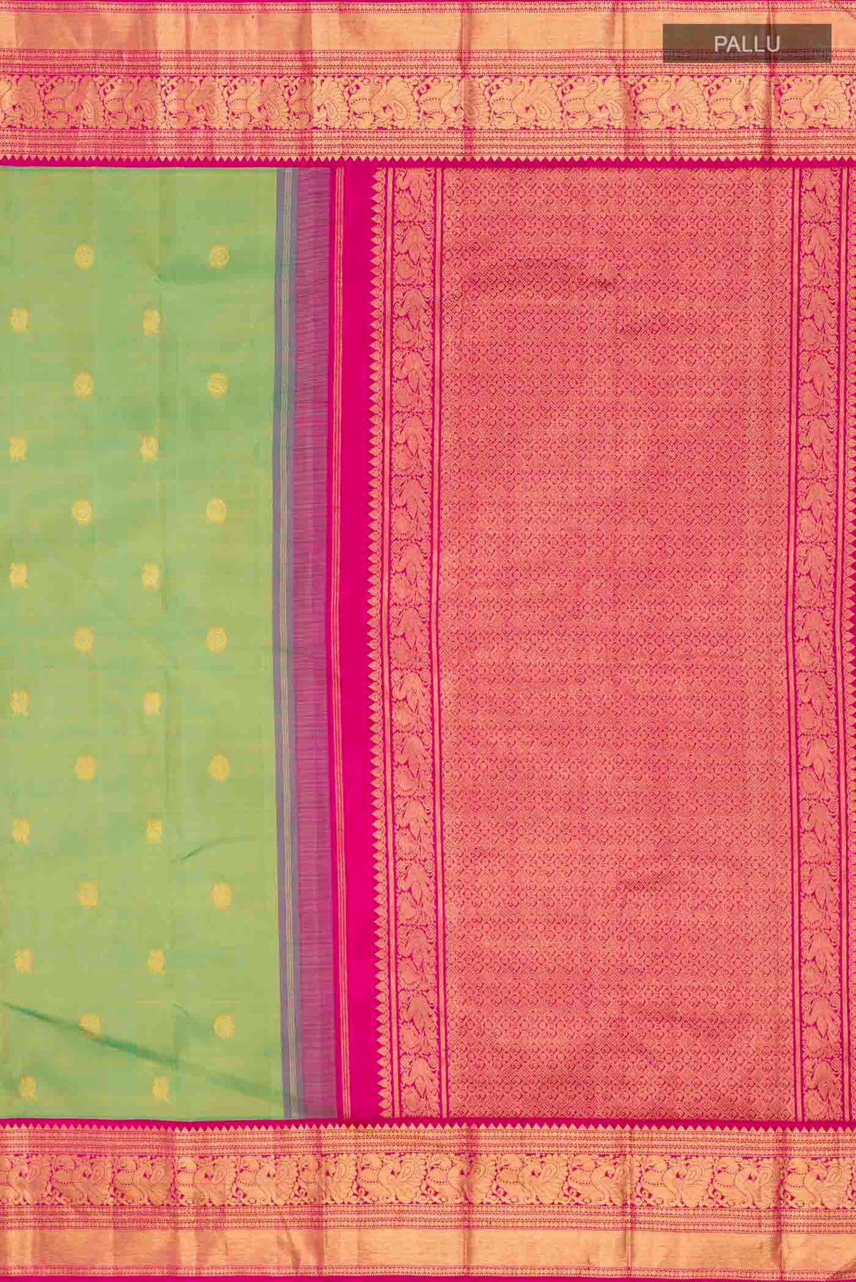 Close up image of the pallu of Green Kanchipuram Silk Saree with Zari Butta on the body and Zari Border