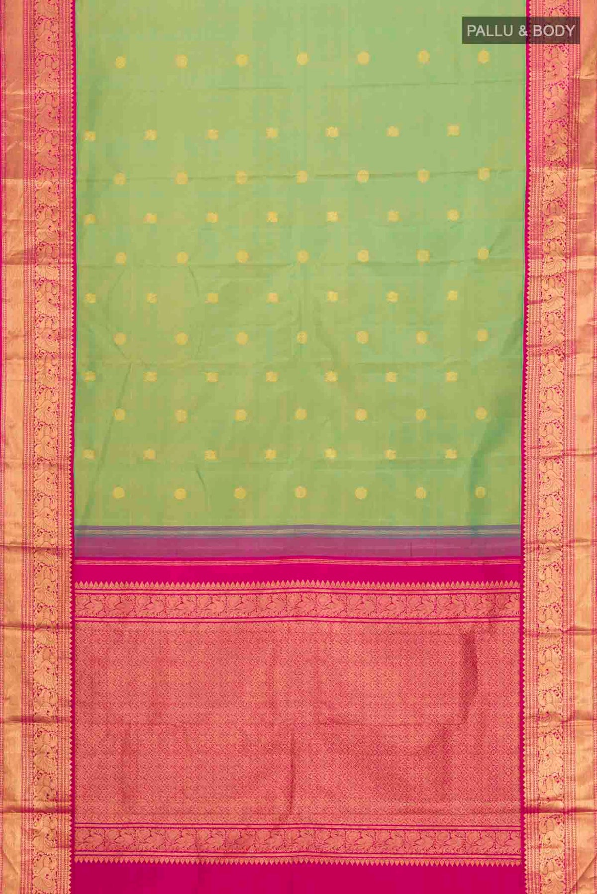 Flat view of Green Kanchipuram Silk Saree with Zari Butta on the body and Zari Border