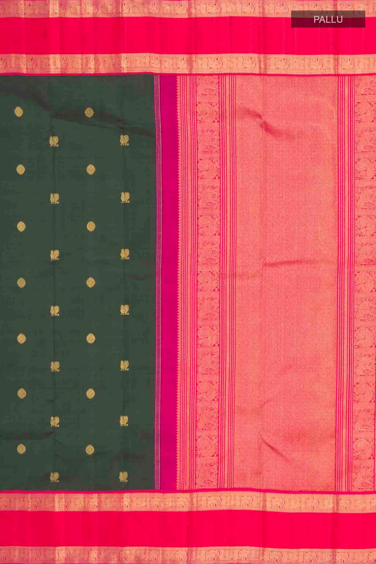 Close up image of the pallu of Green Kanchipuram Silk Saree with Zari Butta on the body and Zari Border