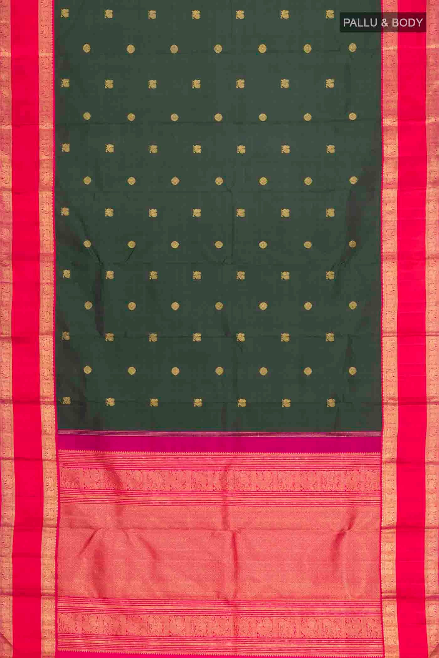 Flat view of Green Kanchipuram Silk Saree with Zari Butta on the body and Zari Border