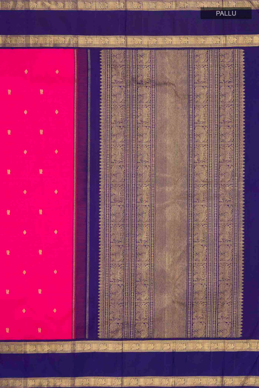 Close up image of the pallu of Pink Kanchipuram Silk Saree with Zari Butta on the body and Zari Border