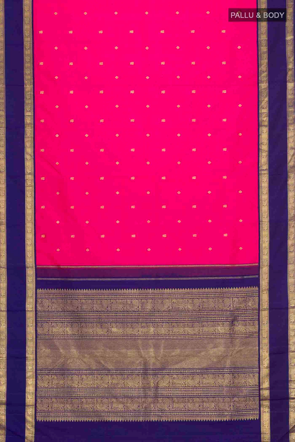 Flat view of Pink Kanchipuram Silk Saree with Zari Butta on the body and Zari Border