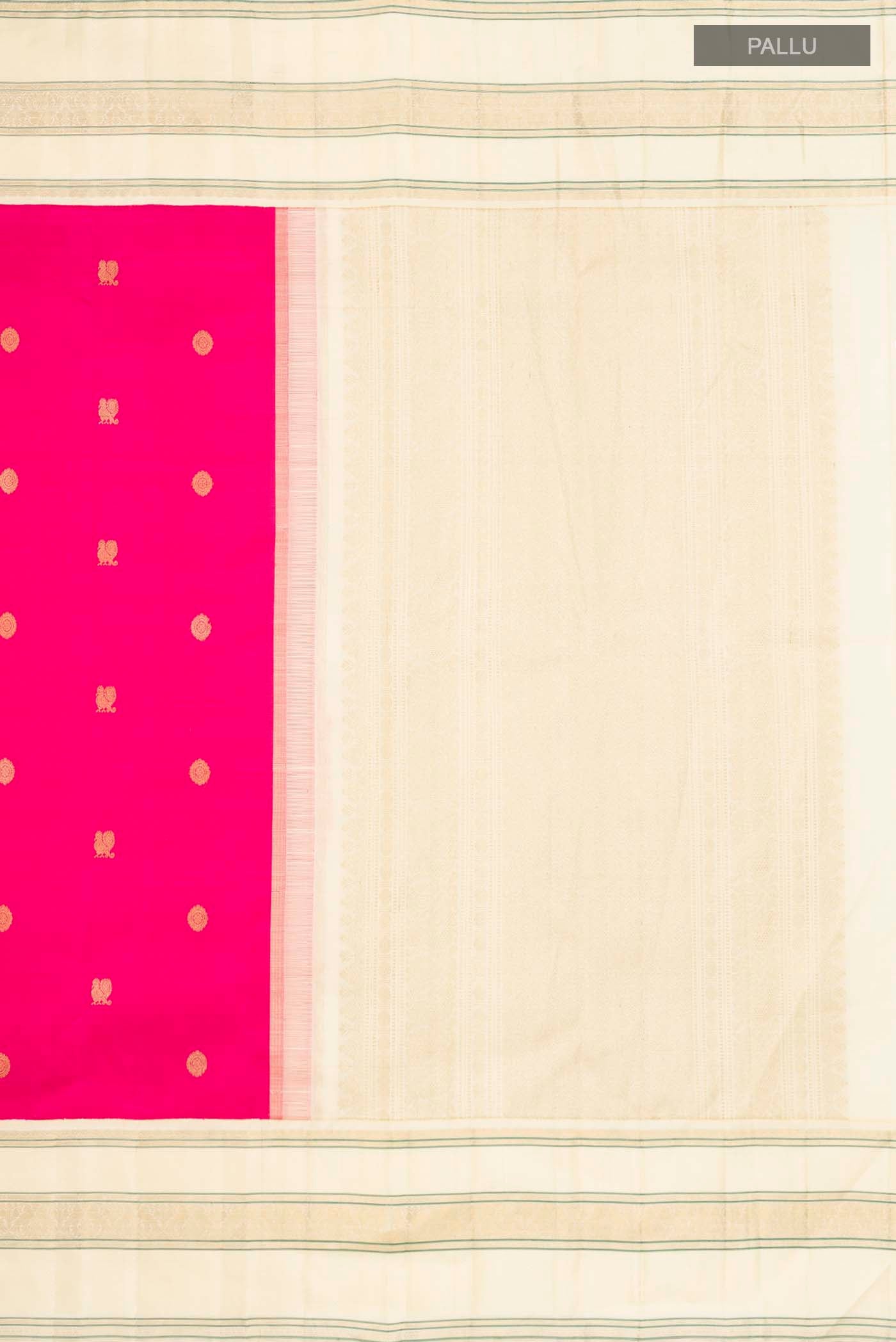 Close up image of the pallu of Pink Kanchipuram Silk Saree with Zari Butta on the body and Zari Border