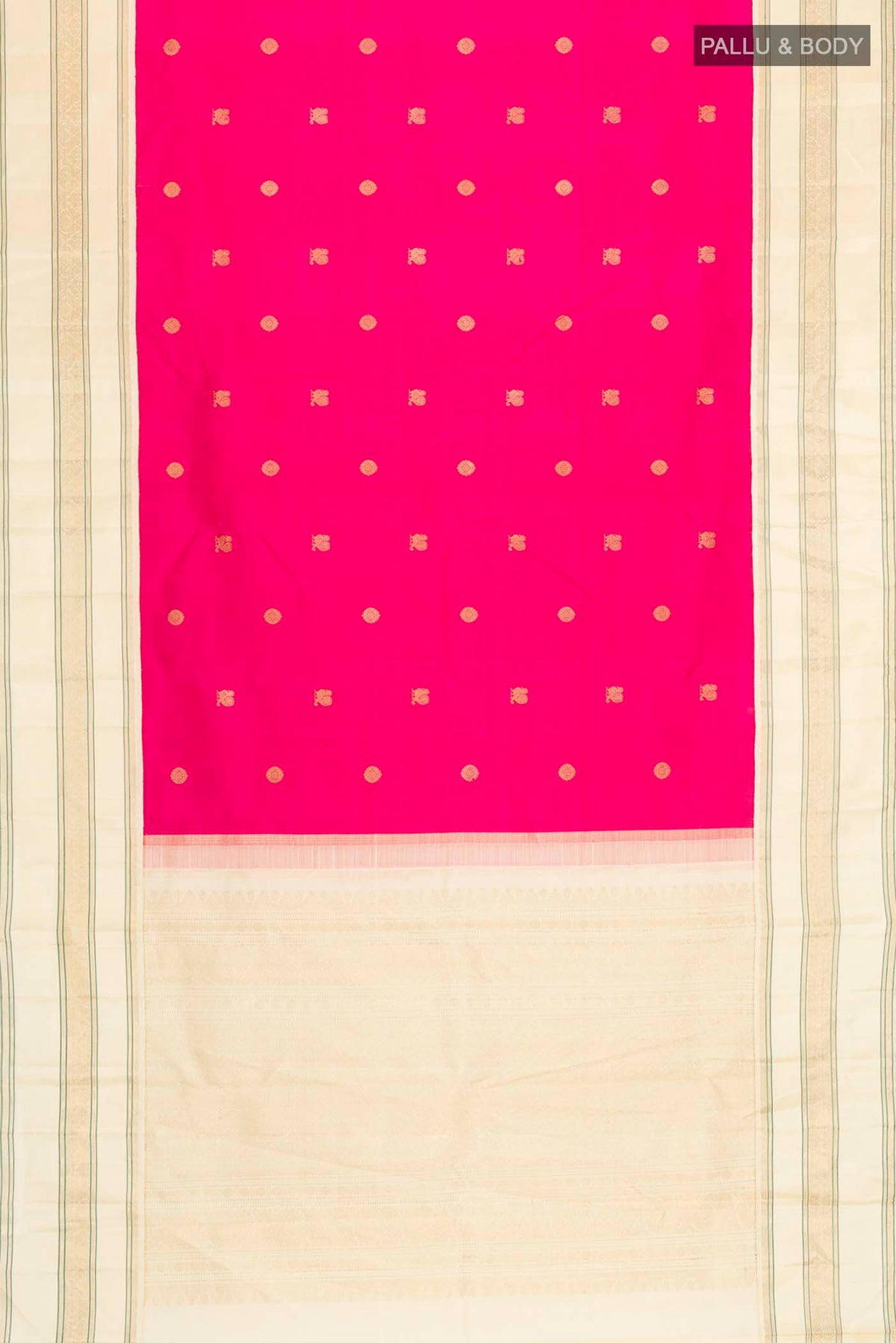 Flat view of Pink Kanchipuram Silk Saree with Zari Butta on the body and Zari Border