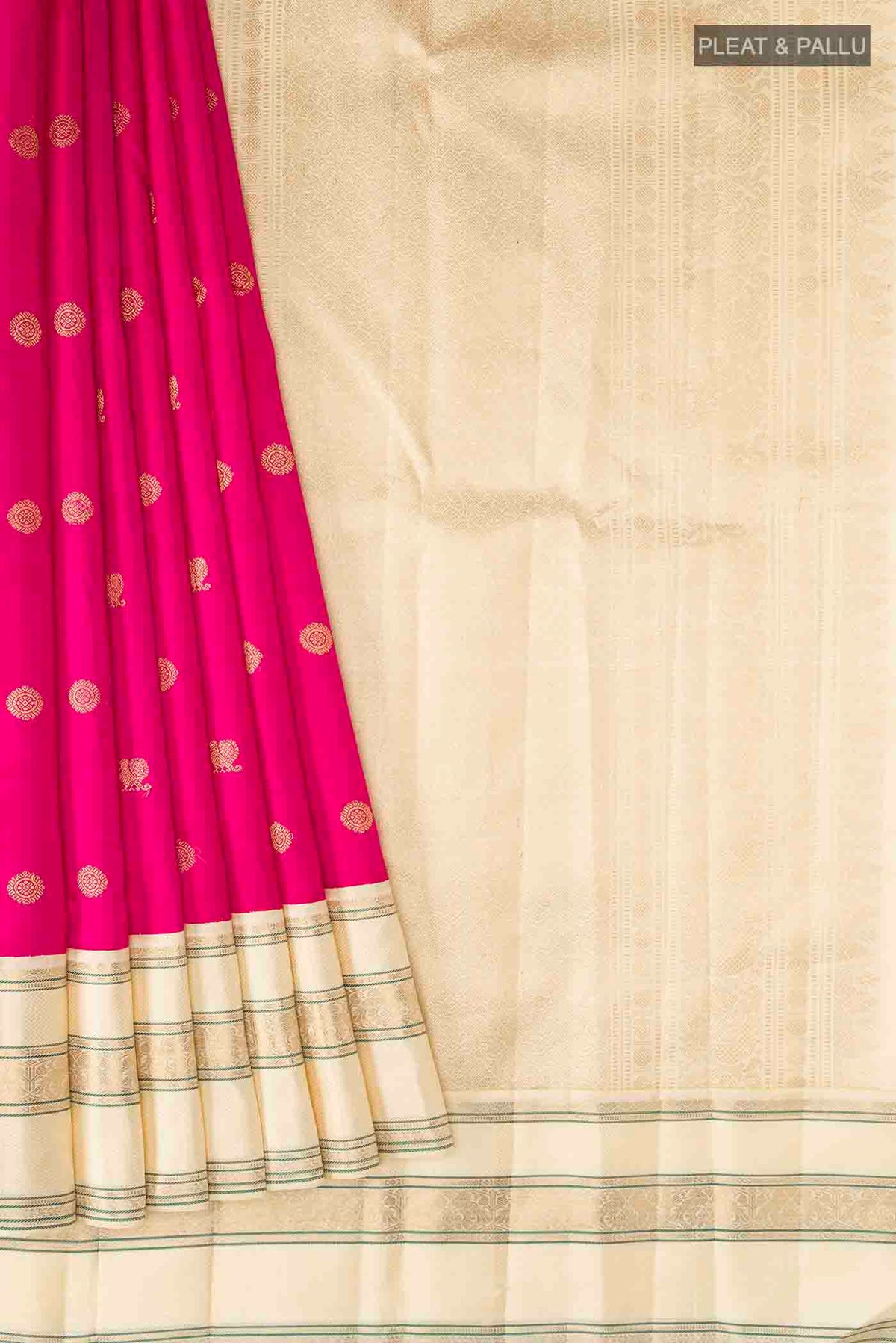 Pleats and pallu of Pink Kanchipuram Silk Saree with Zari Butta on the body and Zari Border