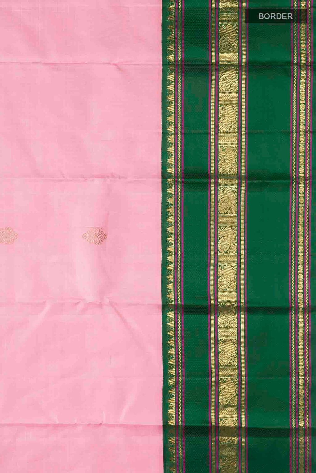 Border image of Pink Kanchipuram Silk Saree with Zari Butta on the body and Zari Border