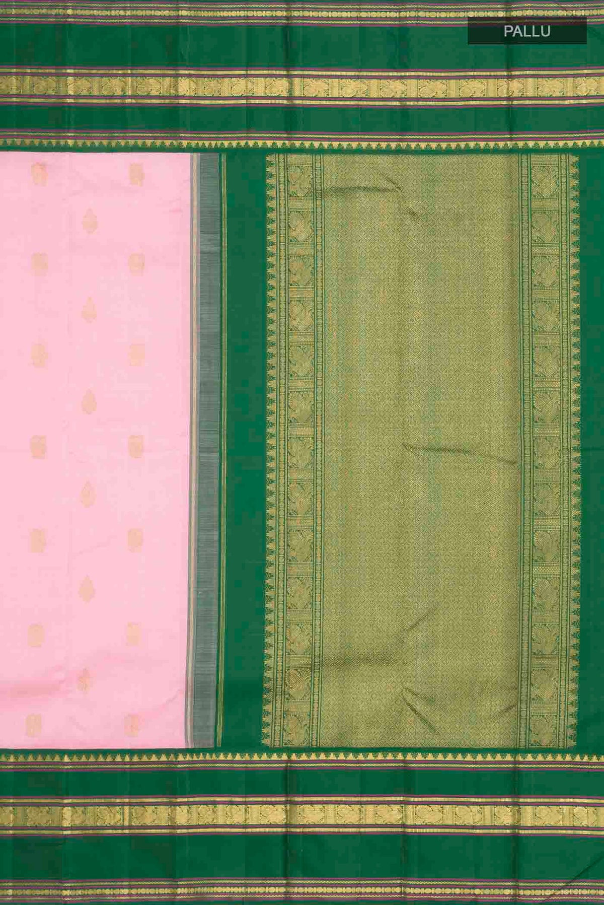 Close up image of the pallu of Pink Kanchipuram Silk Saree with Zari Butta on the body and Zari Border
