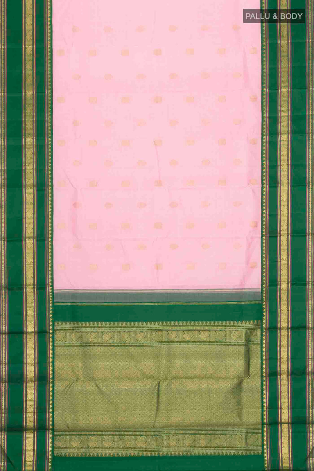 Flat view of Pink Kanchipuram Silk Saree with Zari Butta on the body and Zari Border