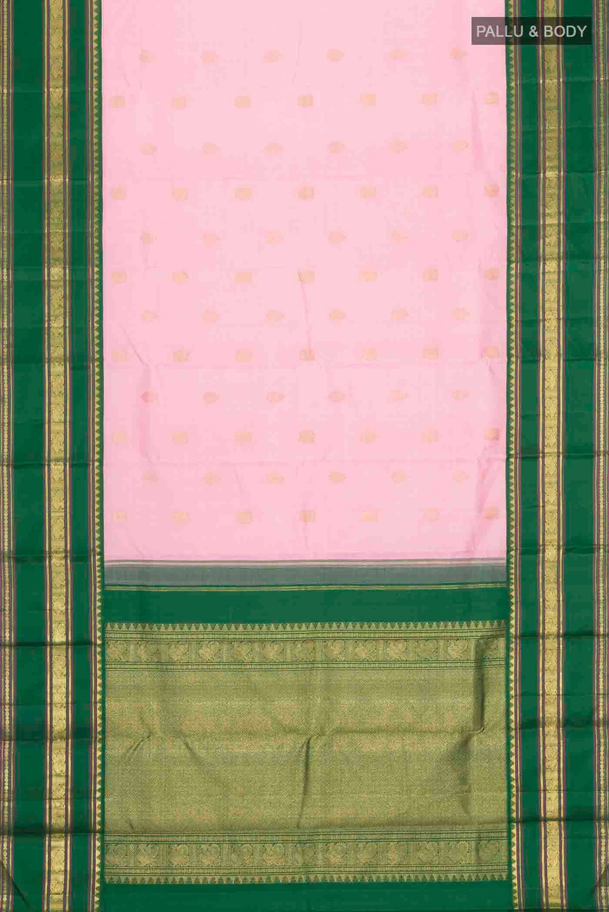 Flat view of Pink Kanchipuram Silk Saree with Zari Butta on the body and Zari Border