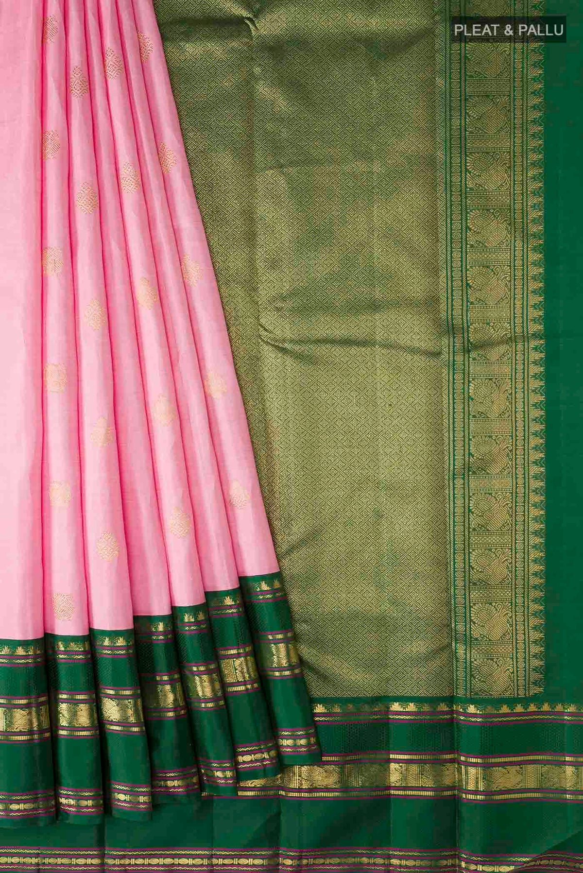 Pleats and pallu of Pink Kanchipuram Silk Saree with Zari Butta on the body and Zari Border