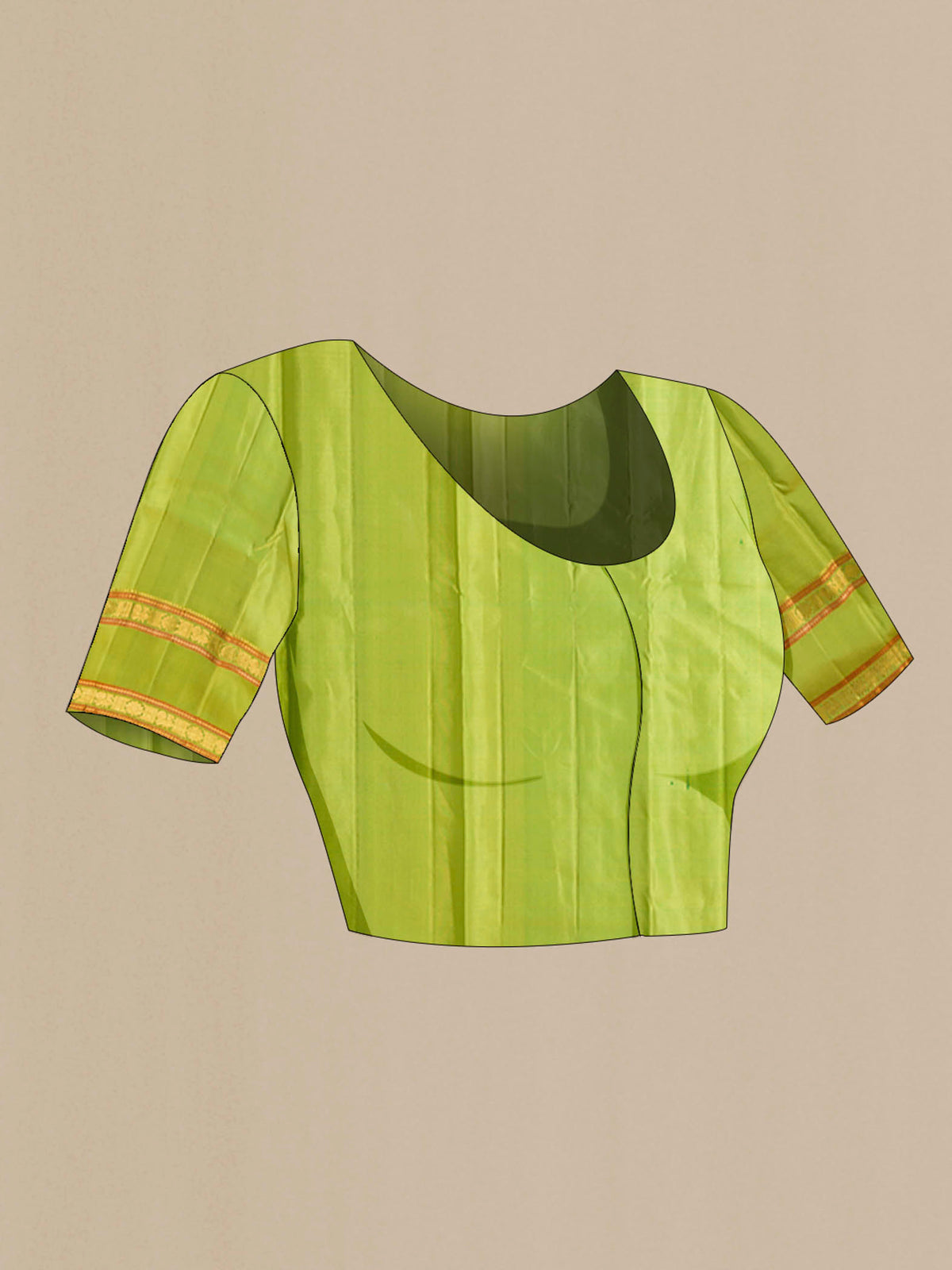 Close up image of the blouse of Green Kanchipuram Silk Saree with Zari Butta on the body and Zari Border