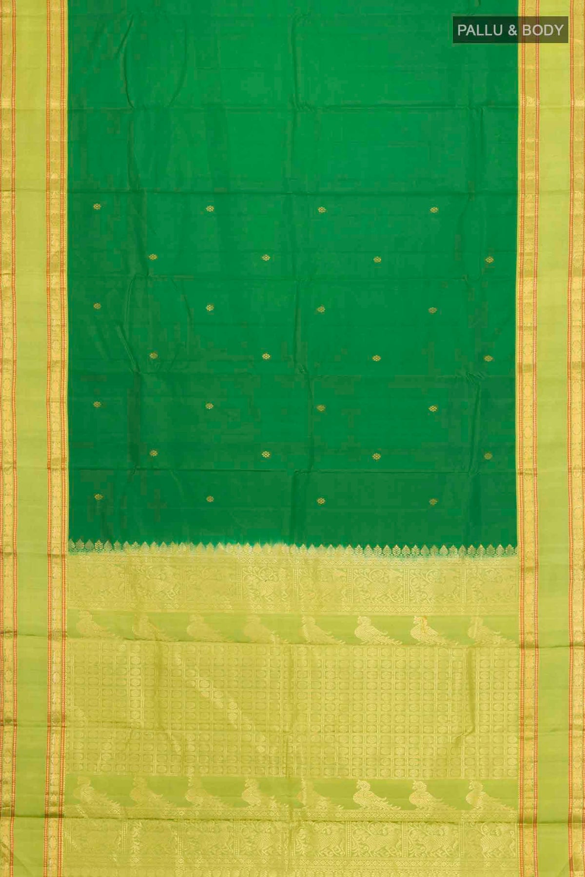 Flat view of Green Kanchipuram Silk Saree with Zari Butta on the body and Zari Border
