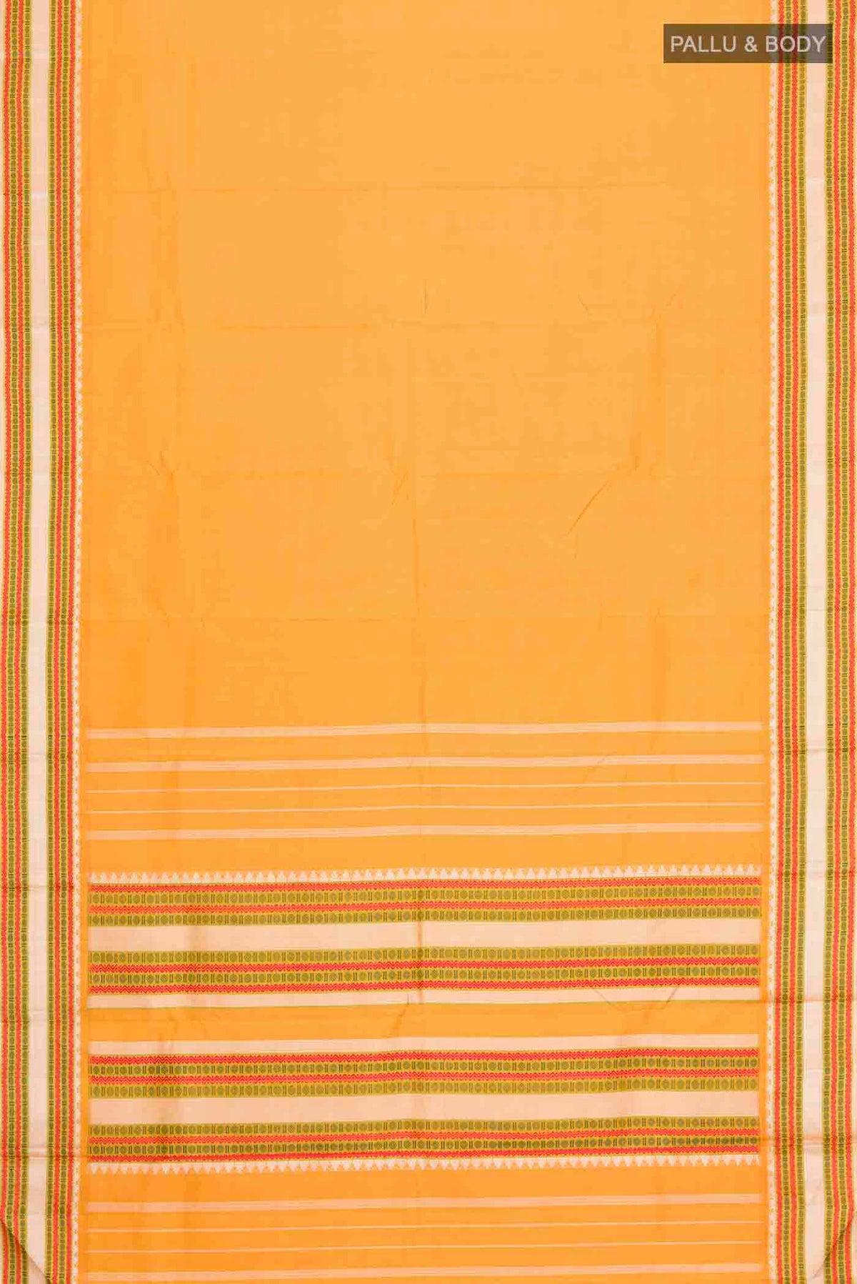 Flat view of Mustard Kanchipuram Silk Saree with Plain Body and Thread Border