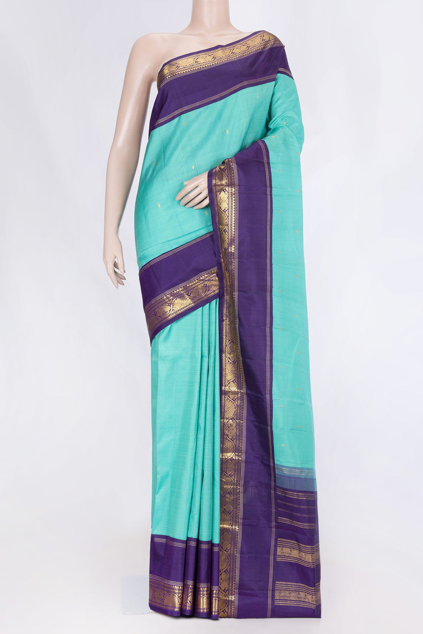 Sky Blue Dual Tone Kanchipuram Silk Saree with Zari Butta on the body and Zari Border displayed on a mannequin