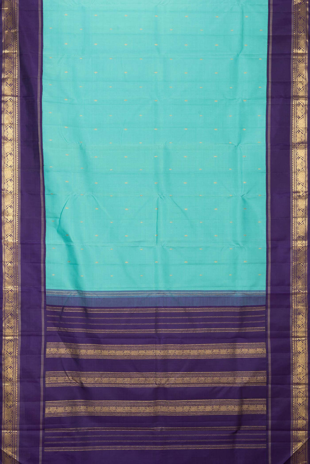 Flat view of Sky Blue Dual Tone Kanchipuram Silk Saree with Zari Butta on the body and Zari Border