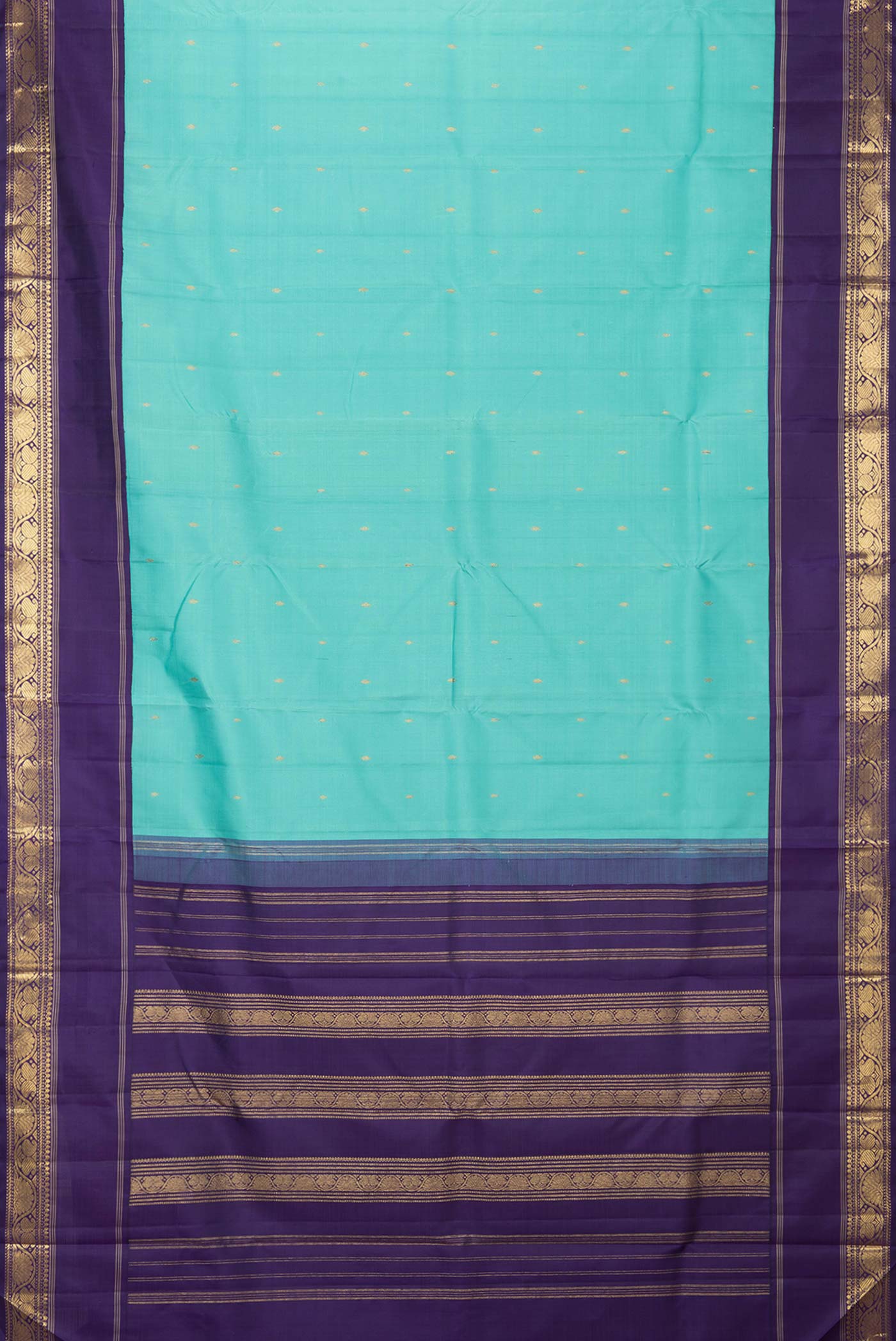 Flat view of Sky Blue Dual Tone Kanchipuram Silk Saree with Zari Butta on the body and Zari Border