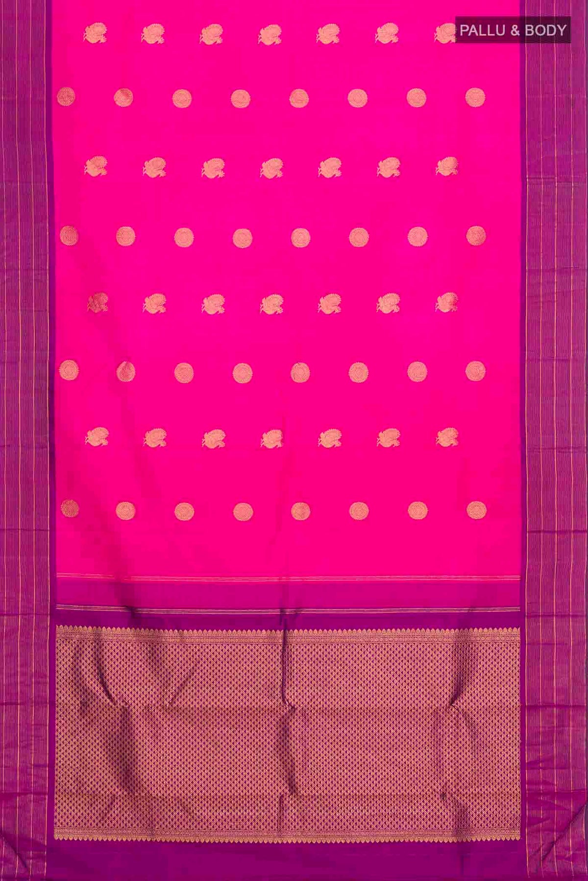 Flat view of Pink Kanchipuram Silk Saree with Zari Butta on the body and Zari Border