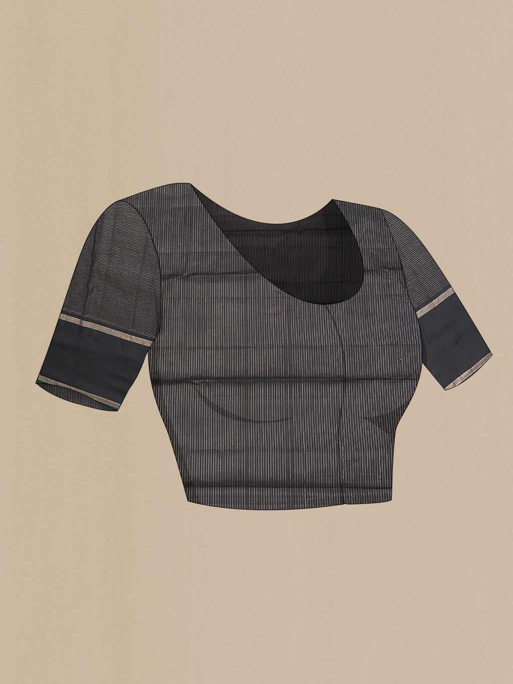 Close up image of the blouse of Black Dual Tone Kanchipuram Saree with Checked design on the body and Zari Border. 