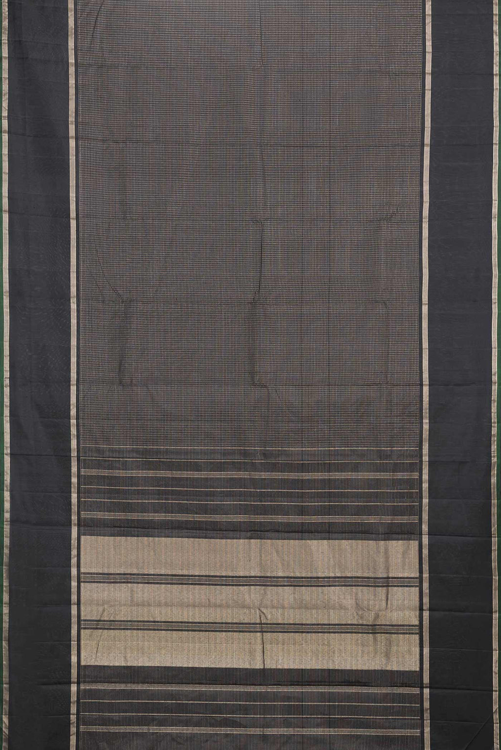 Flat view of Black Dual Tone Kanchipuram Saree with Checked design on the body and Zari Border. 
