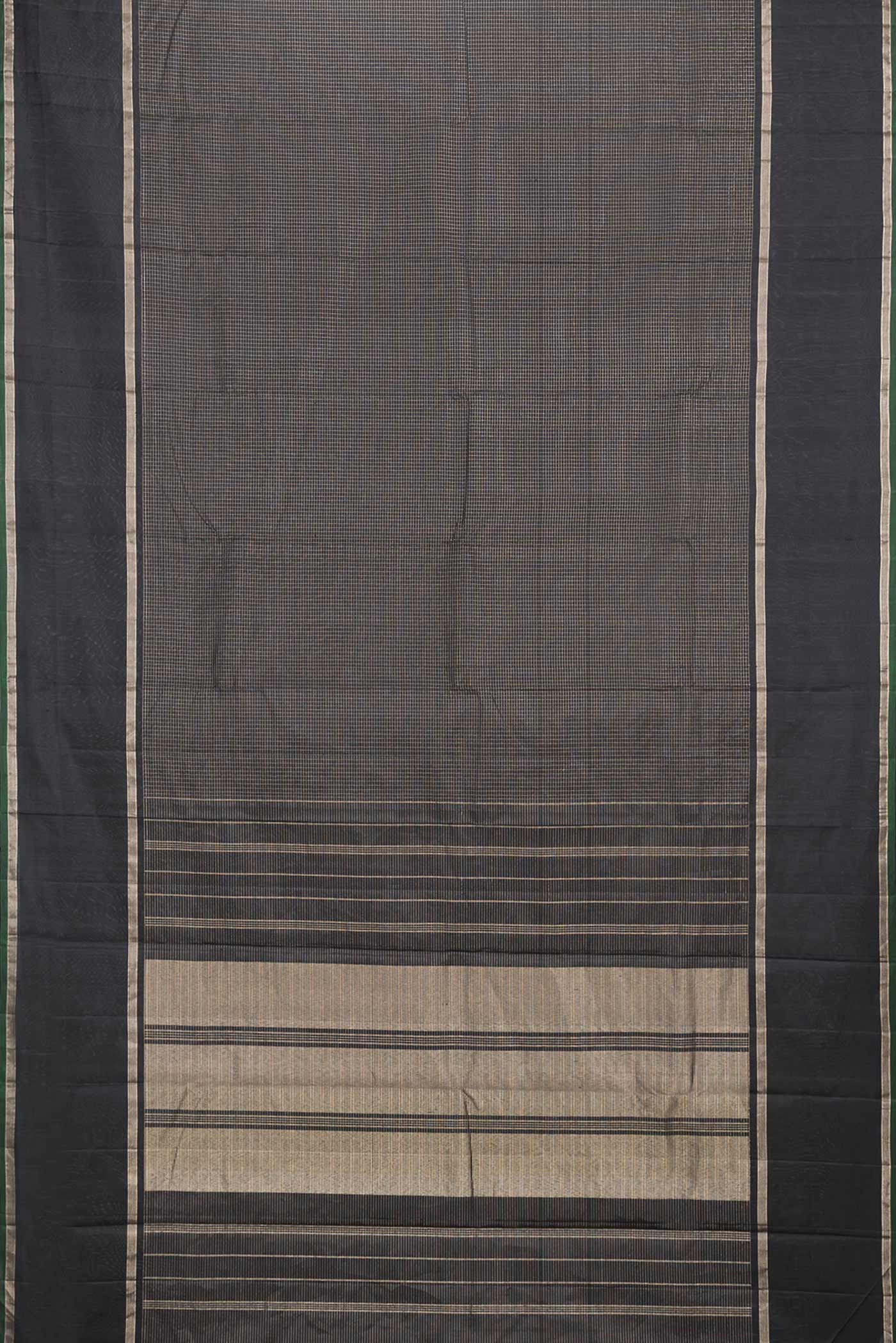 Flat view of Black Dual Tone Kanchipuram Saree with Checked design on the body and Zari Border. 