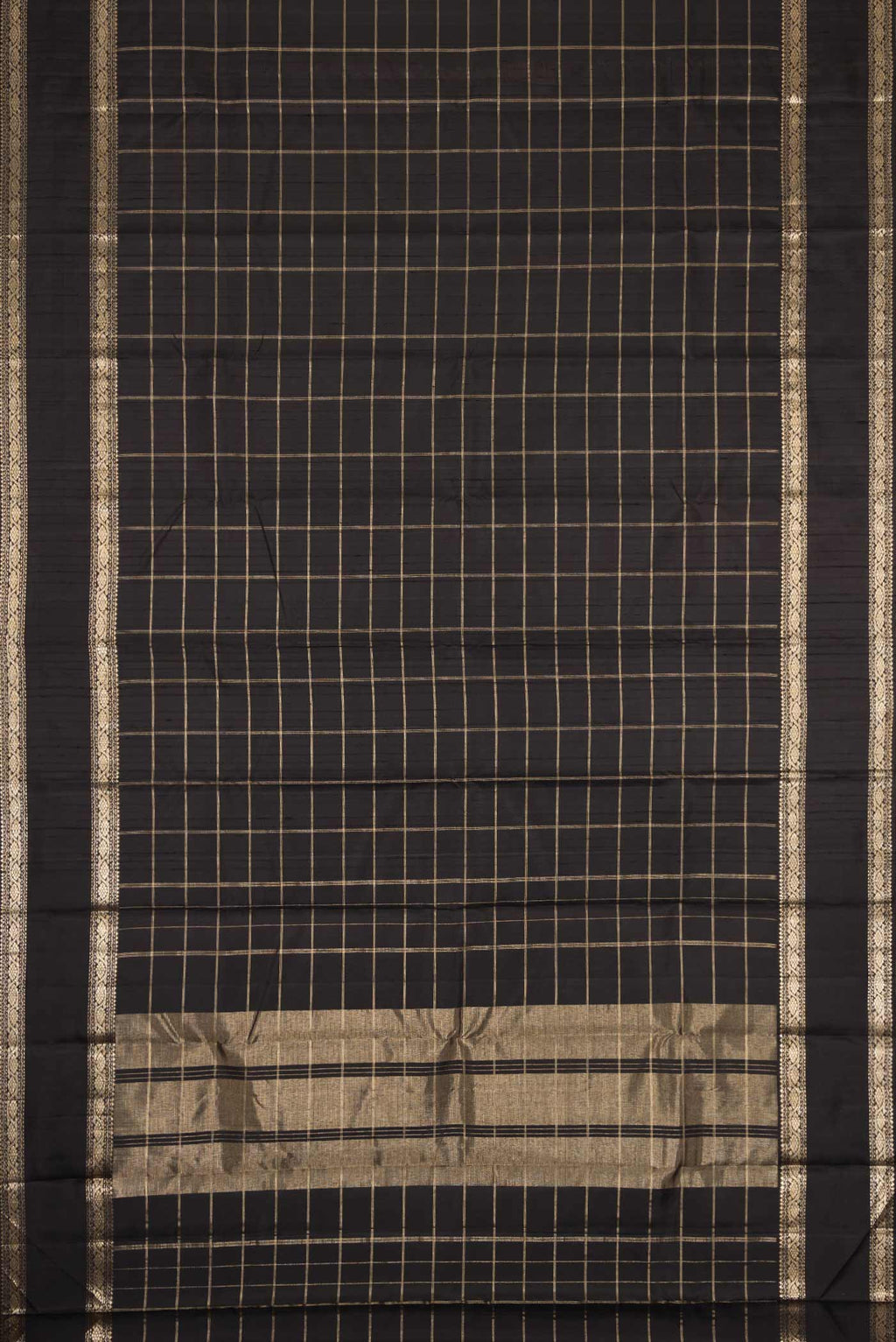 Flat view of Black Dual Tone Kanchipuram Silk Saree with Checked design on the body and Zari Border