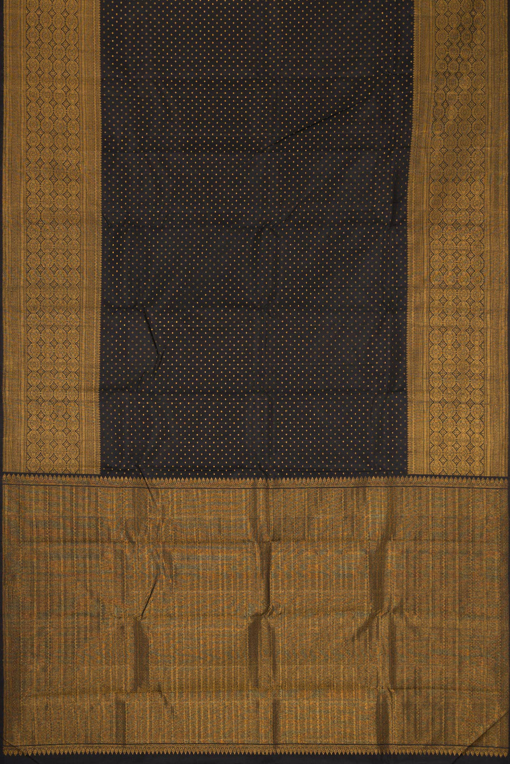 Flat view of Pure Silk Pure Zari Black Dual Tone Kanjivaram Saree with Zari Butta on the body and Fancy Border. 