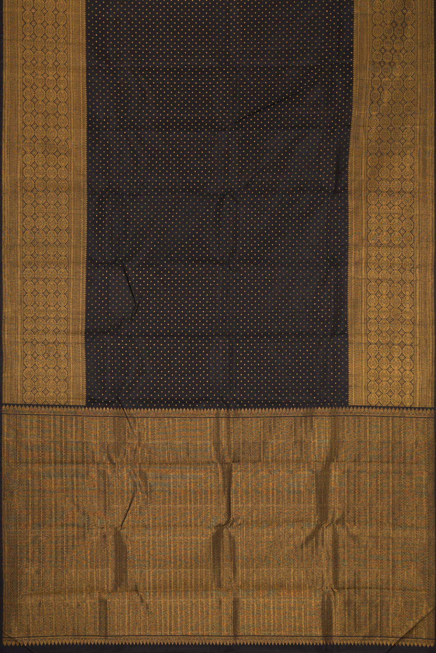 Flat view of Pure Silk Pure Zari Black Dual Tone Kanjivaram Saree with Zari Butta on the body and Fancy Border. 