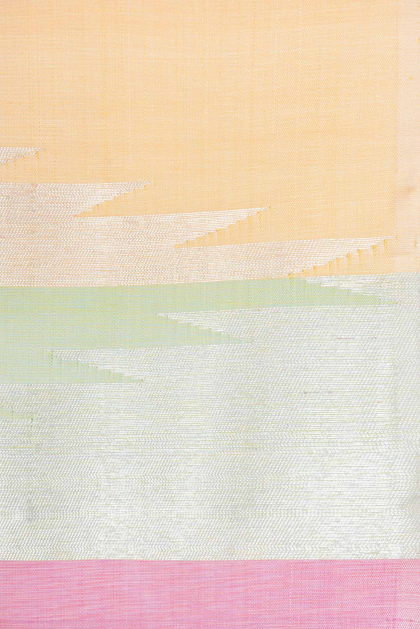 Border image of Pista Green,Pink and Sandal Color Kanchipuram Silk Saree with Zari Butta on the body and Without Border