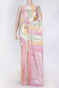 Pista Green,Pink and Sandal Color Kanchipuram Silk Saree with Zari Butta on the body and Without Border displayed on a mannequin