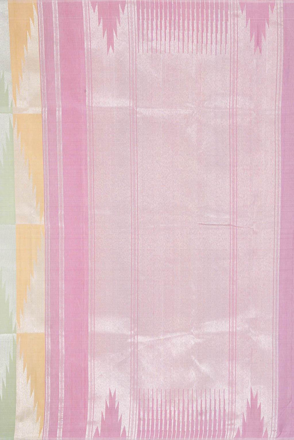 Close up image of the pallu of Pista Green,Pink and Sandal Color Kanchipuram Silk Saree with Zari Butta on the body and Without Border