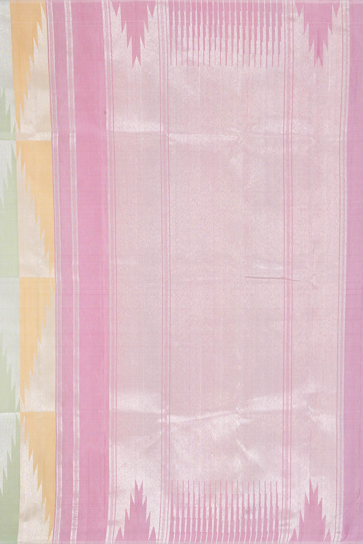 Close up image of the pallu of Pista Green,Pink and Sandal Color Kanchipuram Silk Saree with Zari Butta on the body and Without Border