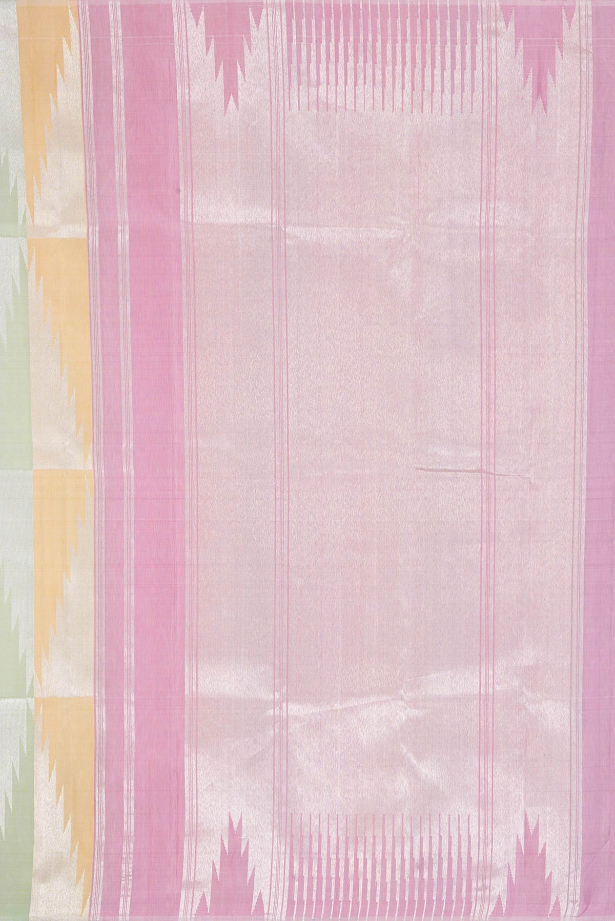 Close up image of the pallu of Pista Green,Pink and Sandal Color Kanchipuram Silk Saree with Zari Butta on the body and Without Border