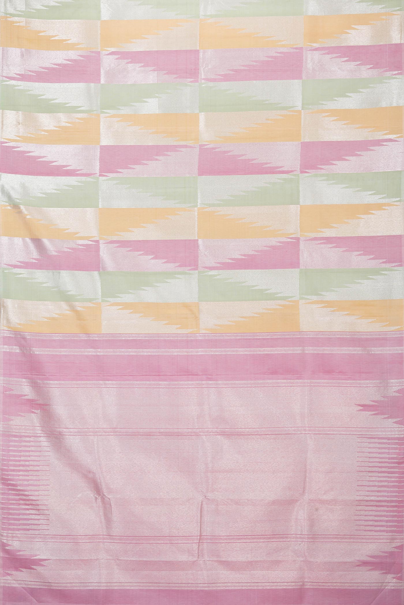 Flat view of Pista Green,Pink and Sandal Color Kanchipuram Silk Saree with Zari Butta on the body and Without Border