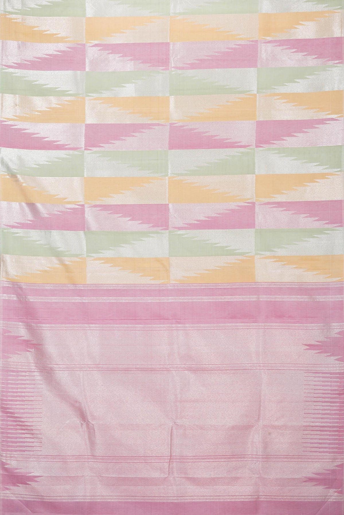 Flat view of Pista Green,Pink and Sandal Color Kanchipuram Silk Saree with Zari Butta on the body and Without Border