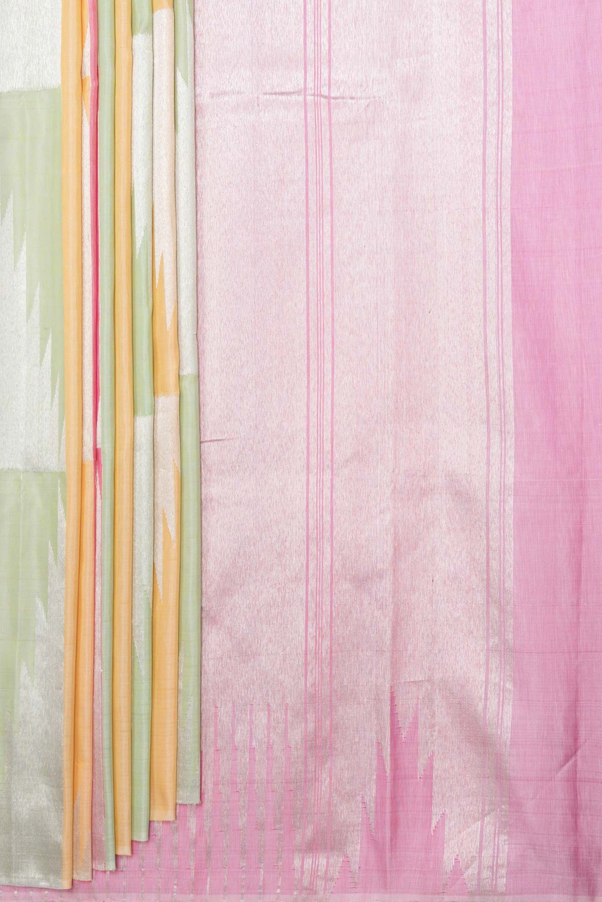 Pleats and pallu of Pista Green,Pink and Sandal Color Kanchipuram Silk Saree with Zari Butta on the body and Without Border