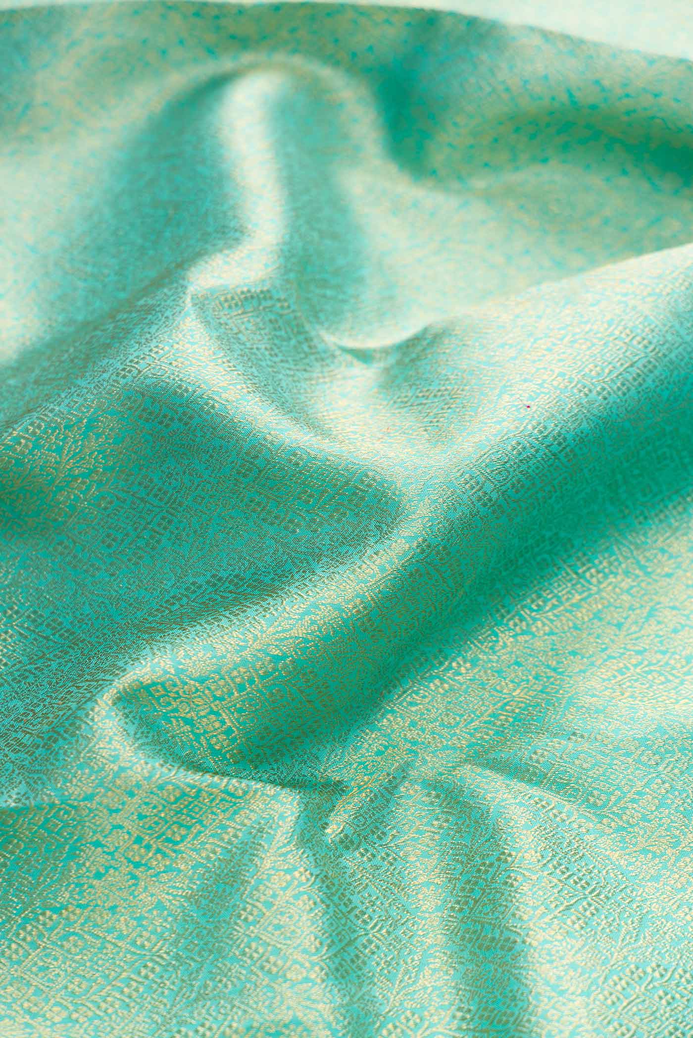 Close up of Pure Silk Pure Zari Sea Green Dual Tone Kanchipuram Saree with Zari Brocade on the body and Zari Border displaying folds