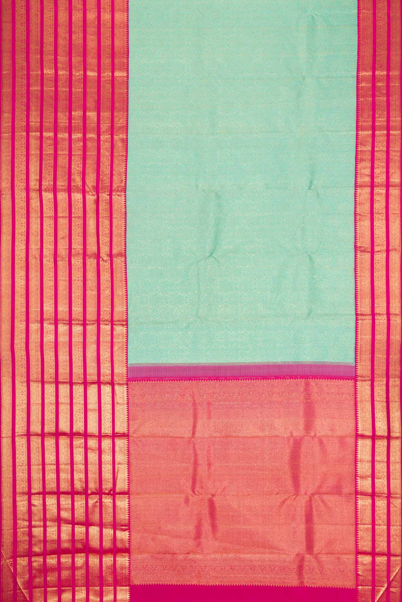 Flat view of Pure Silk Pure Zari Sea Green Dual Tone Kanchipuram Saree with Zari Brocade on the body and Zari Border