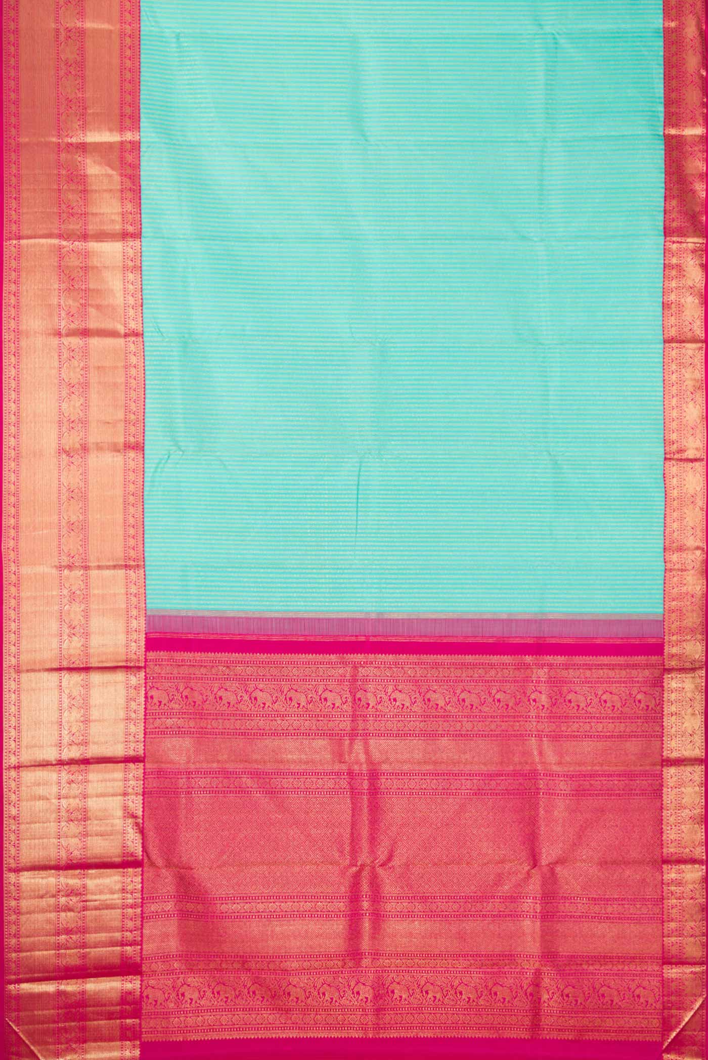 Flat view of Sea Green Dual Tone Kanchipuram Silk Saree with Zari Brocade on the body and Zari Border. 