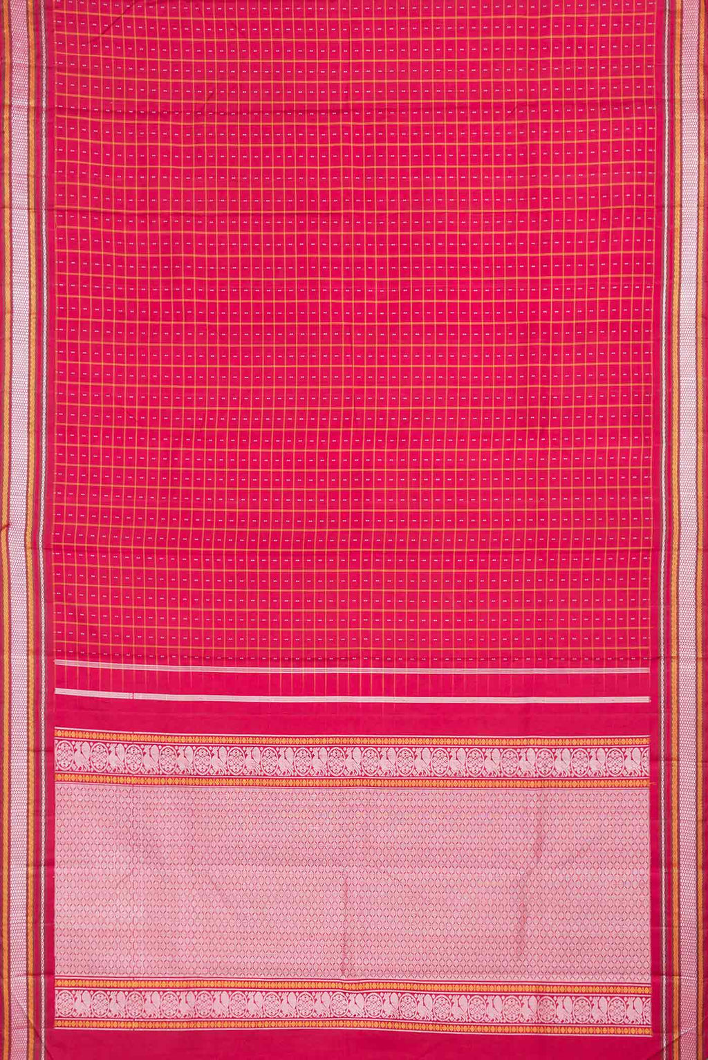Flat view of Maroon Dual Tone Kanchipuram Saree with Checked design on the body and Thread Border. 
