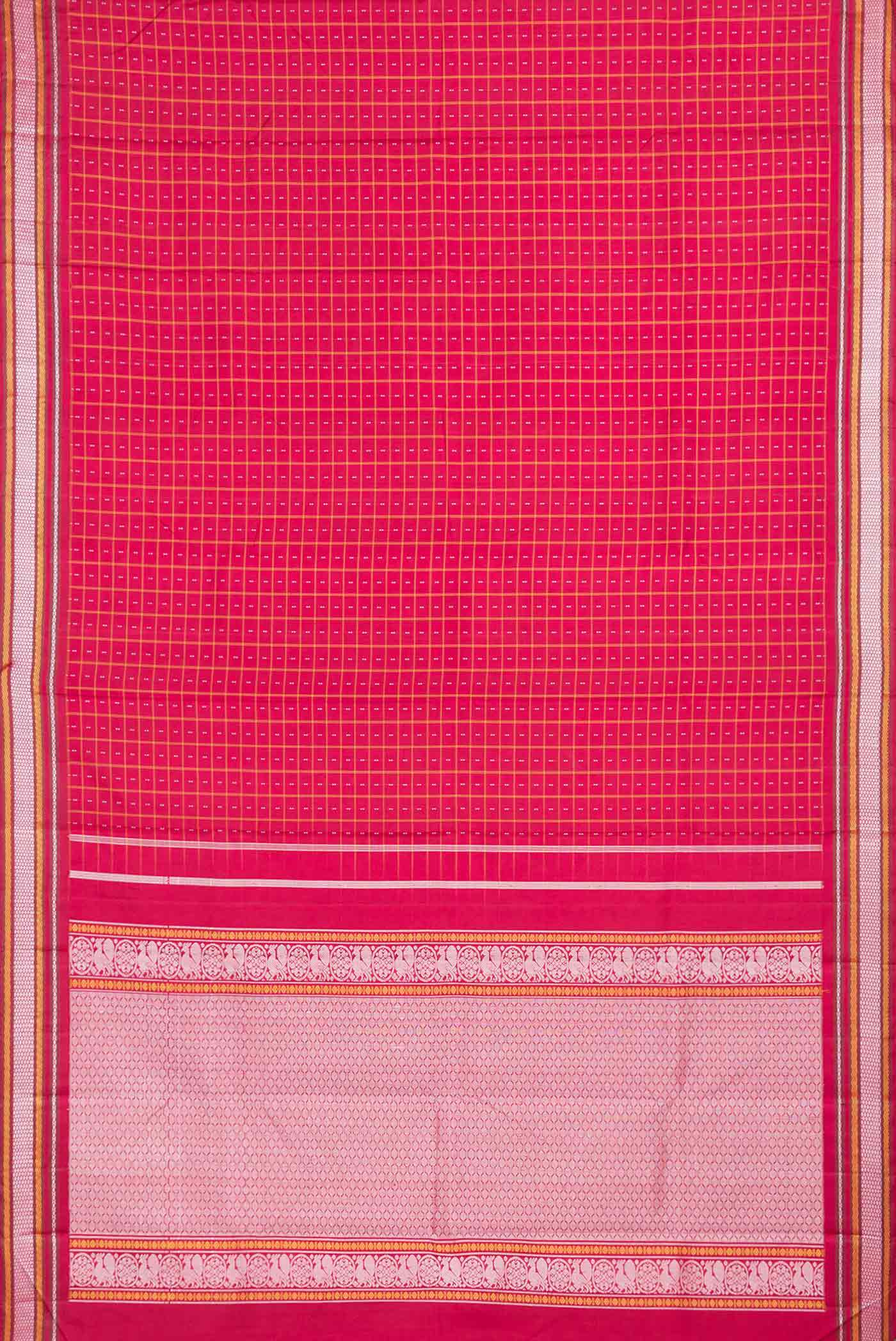 Flat view of Maroon Dual Tone Kanchipuram Saree with Checked design on the body and Thread Border. 