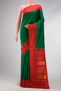 Pure Silk Pure Zari Green Dual Tone Kanjivaram Saree with Plain Body and Temple Border.  displayed on a mannequin