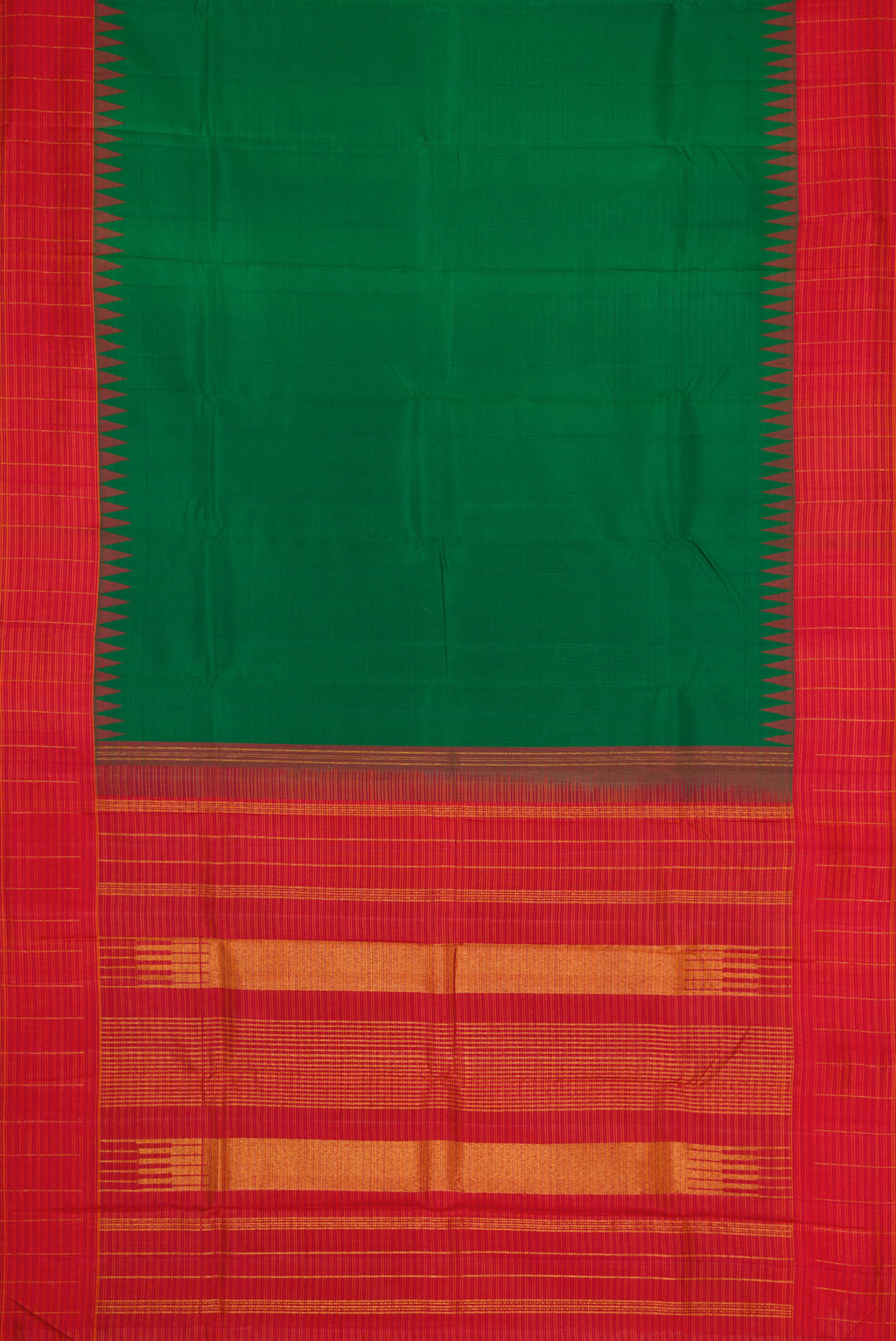 Flat view of Pure Silk Pure Zari Green Dual Tone Kanjivaram Saree with Plain Body and Temple Border. 