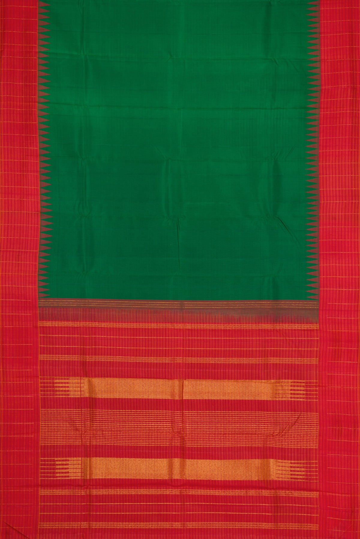 Flat view of Pure Silk Pure Zari Green Dual Tone Kanjivaram Saree with Plain Body and Temple Border. 