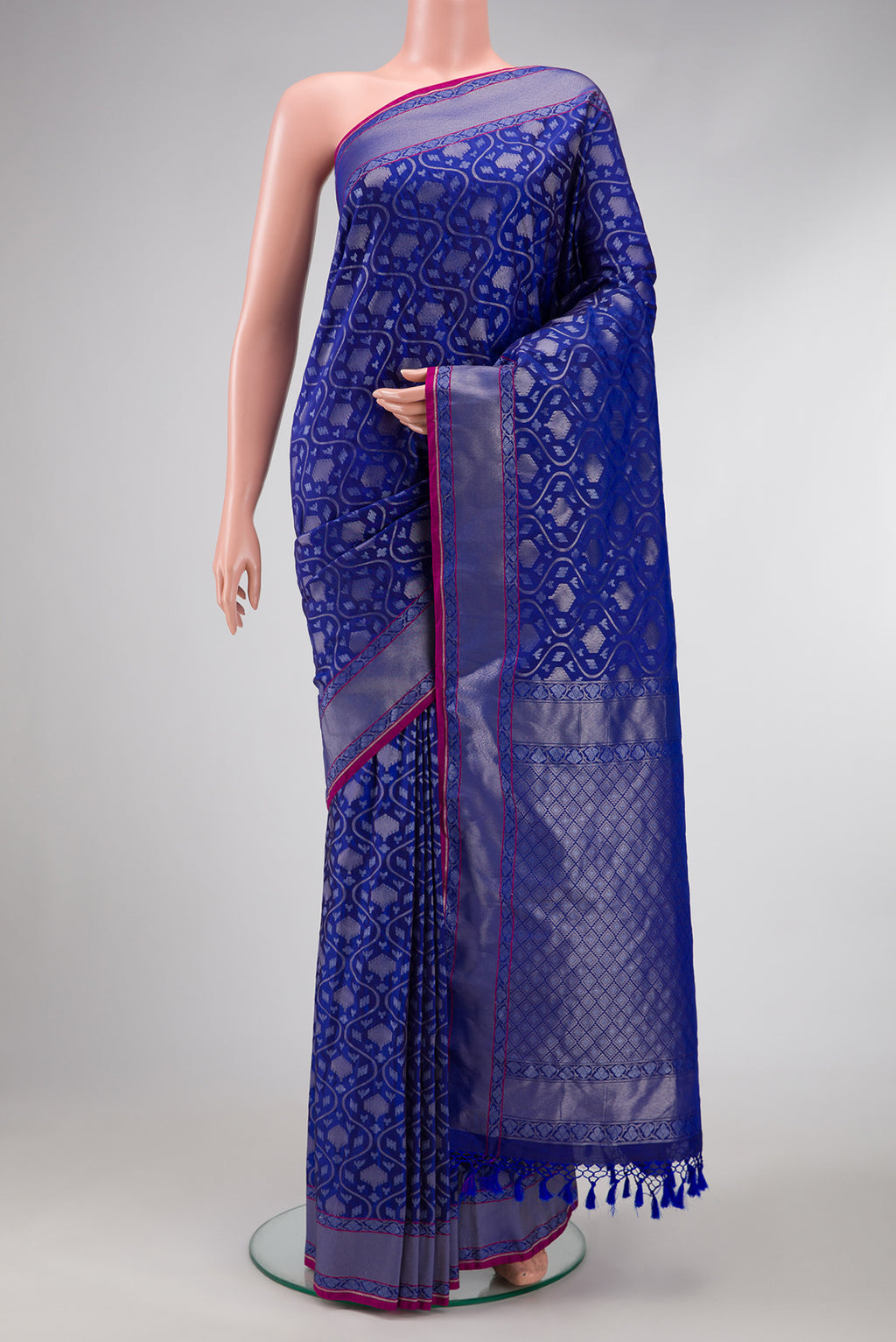Royal Blue Dual Tone Blended Banarasi Silk Saree with Zari Brocade on the body and Zari Border.  displayed on a mannequin