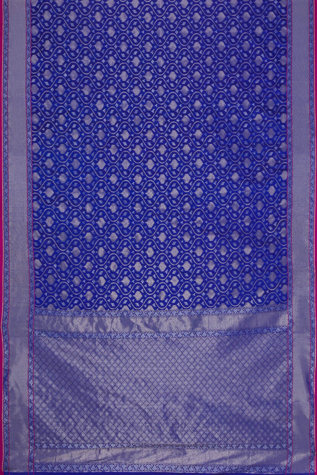 Flat view of Royal Blue Dual Tone Blended Banarasi Silk Saree with Zari Brocade on the body and Zari Border. 