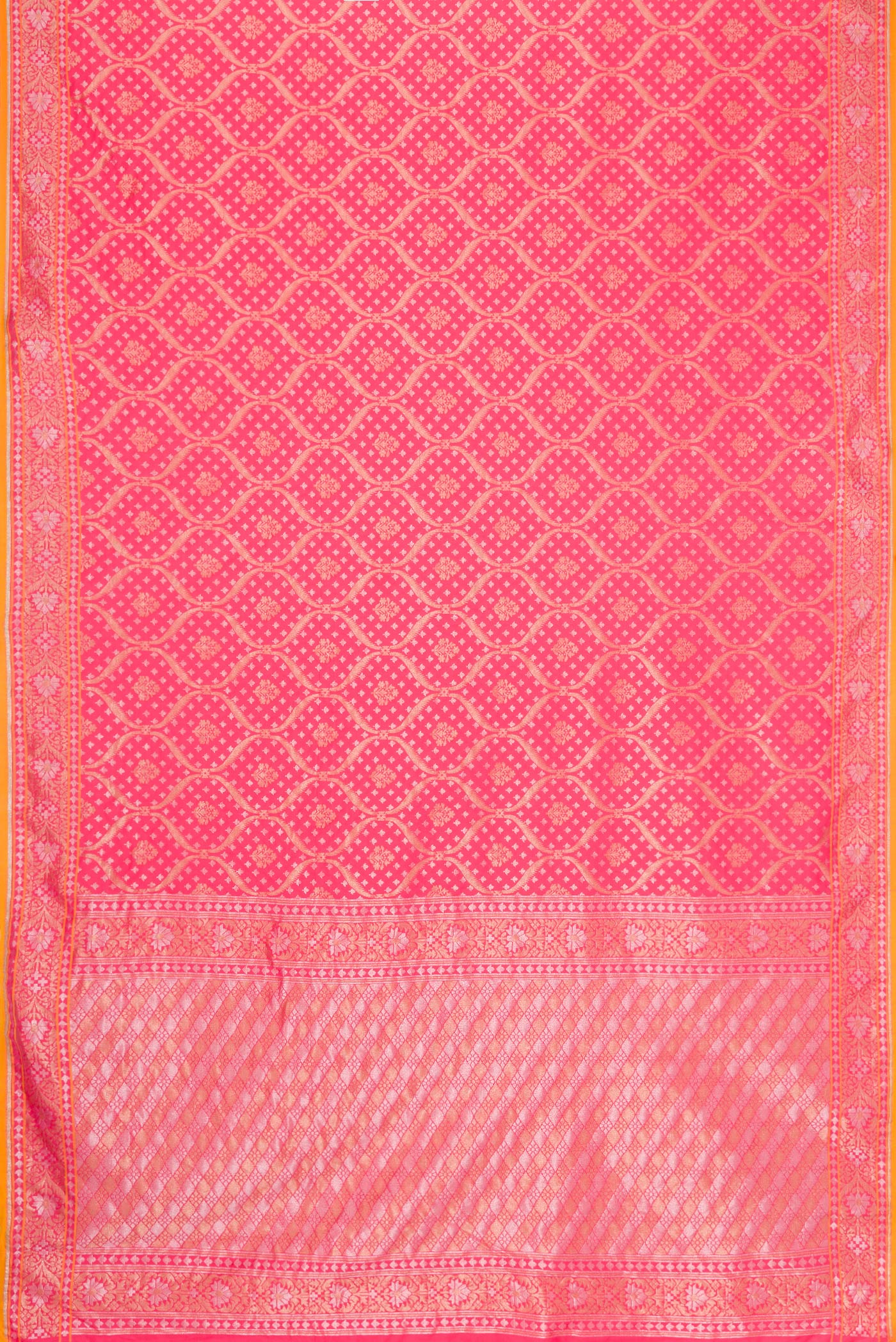 Flat view of Peach Dual Tone Blended Banarasi Silk Saree with Zari Brocade on the body and Zari Border. 