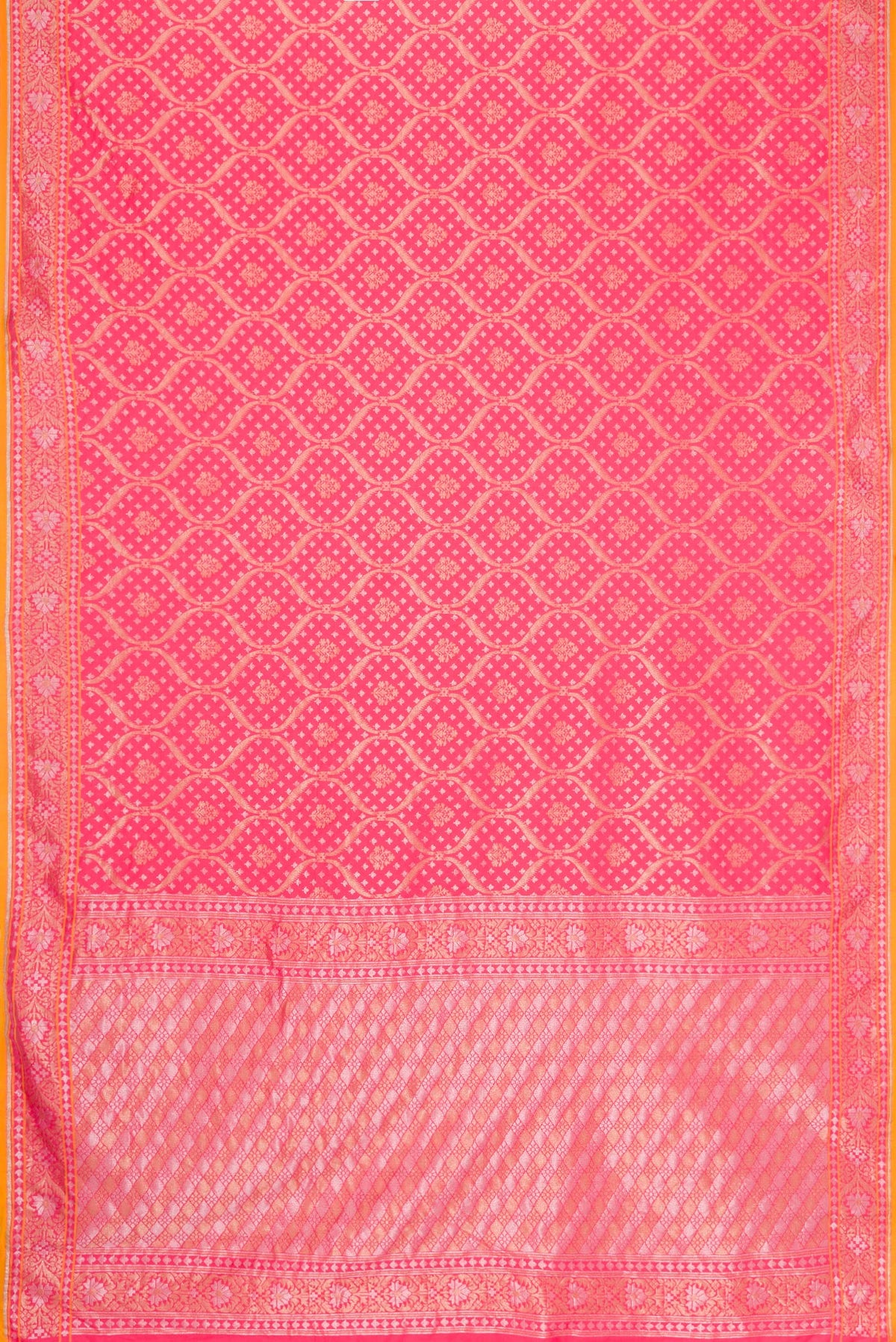 Flat view of Peach Dual Tone Blended Banarasi Silk Saree with Zari Brocade on the body and Zari Border. 