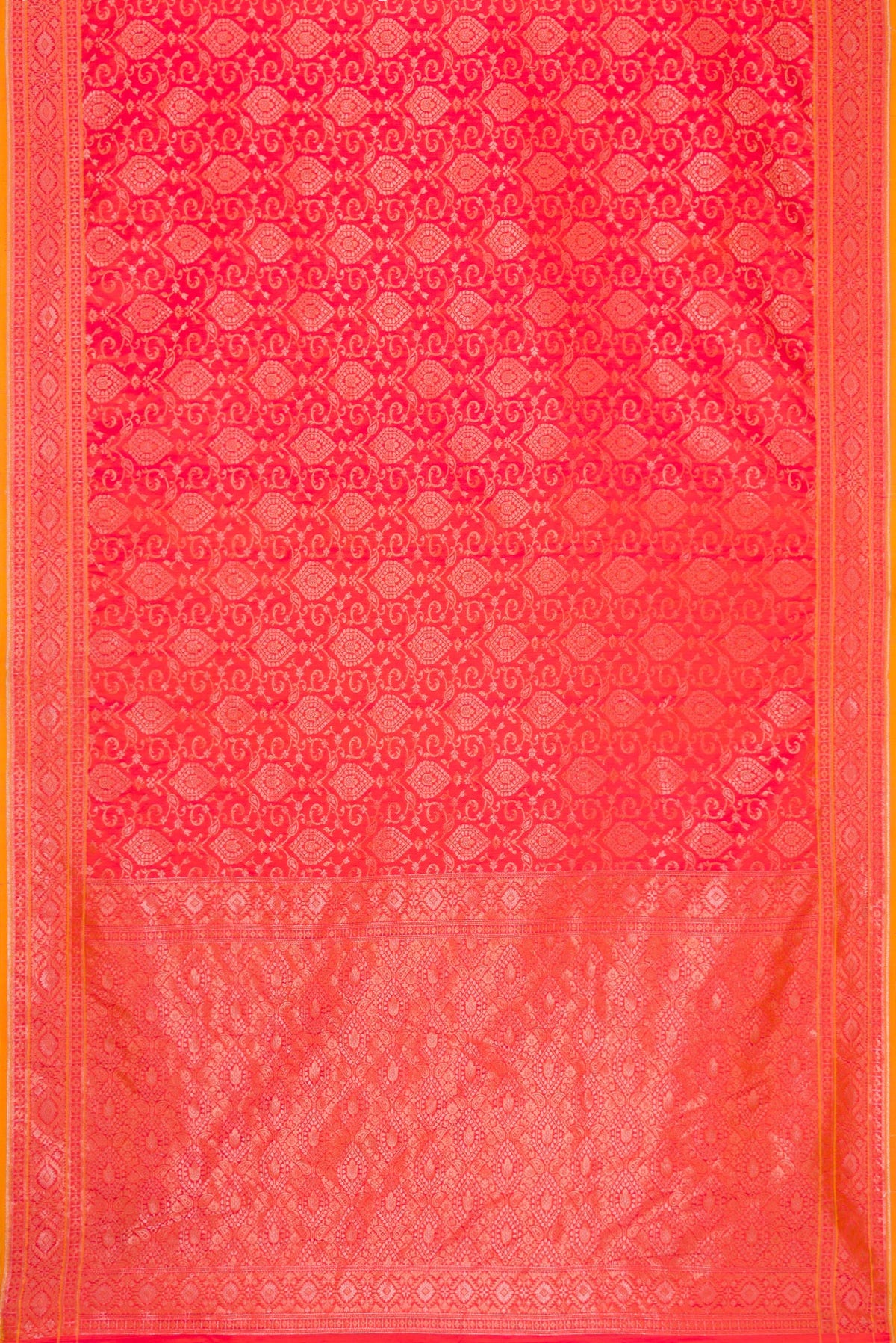Flat view of Brick Orange Dual Tone Blended Banarasi Silk Saree with Zari Brocade on the body and Zari Border. 