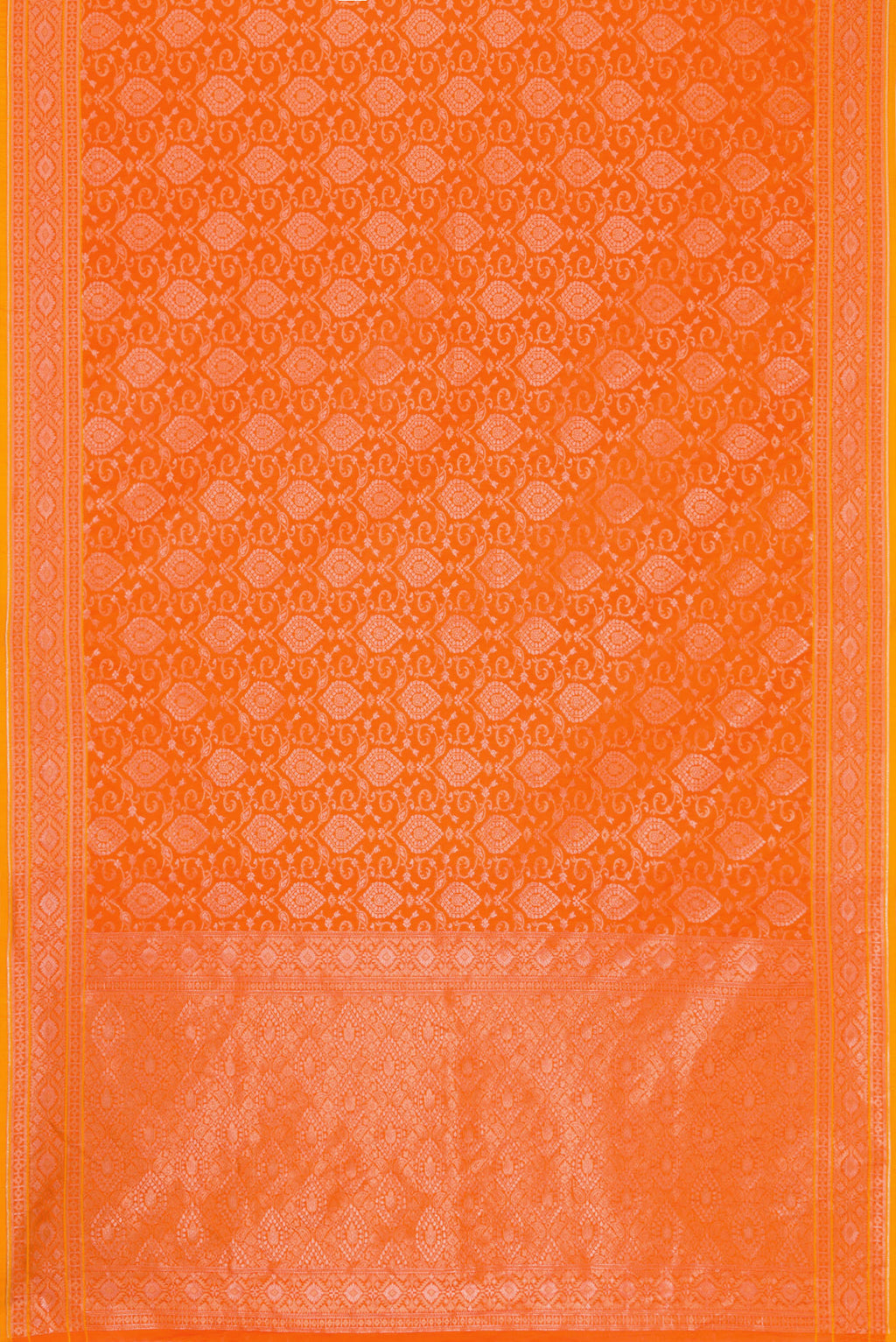 Flat view of Orange Dual Tone Blended Banarasi Silk Saree with Zari Brocade on the body and Zari Border. 